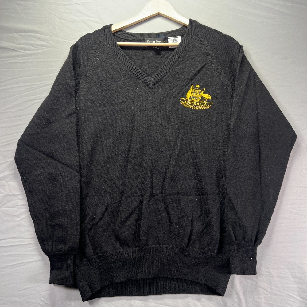 Vintage Australia Sweater Mens Medium Wool Black Knit V Neck Logo Crest Rugby - Picture 2 of 8